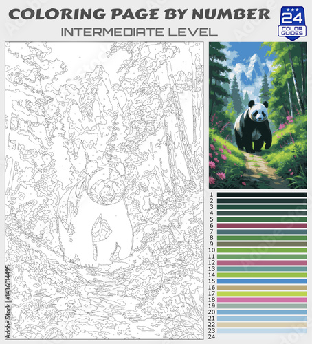 Panda Walking in Forest Coloring Page by Number | Printable Intermediate Nature Adventure Scene