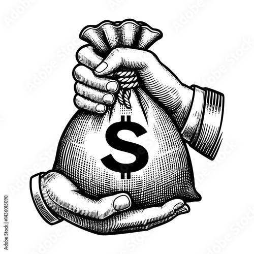 Hand holding sack of money engraving black and white outline. Scratch board imitation.