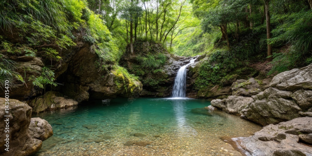 Serene waterfall flows into a pool surrounded by lush green forest, nature use Serene waterfall flows into a pool surrounded by lush green forest, nature use