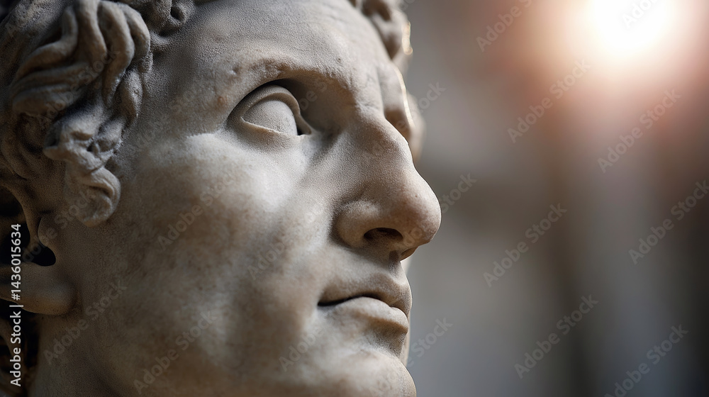Soft light highlights the aged marble surface of a close up view of the River Tiber statue's head and shoulders Soft light highlights the aged marble surface of a close up view of the River Tiber statue's head and shoulders