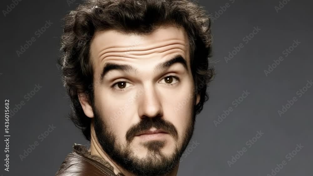 Close-up portrait of a man with brown eyes, a curly beard, and furrowed brows against a dark gray backdrop with leather garment. Close-up portrait of a man with brown eyes, a curly beard, and furrowed brows against a dark gray backdrop with leather garment.