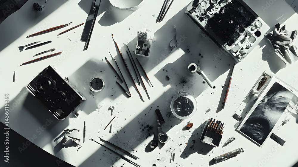 Messy Artist Workspace Top View: Fine Art Supplies Charcoal Pencils Brushes Paints Ink Drawing Table