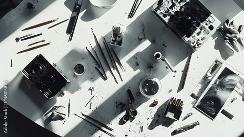 Obraz na płótnie Messy Artist Workspace Top View: Fine Art Supplies Charcoal Pencils Brushes Paints Ink Drawing Table w salonie