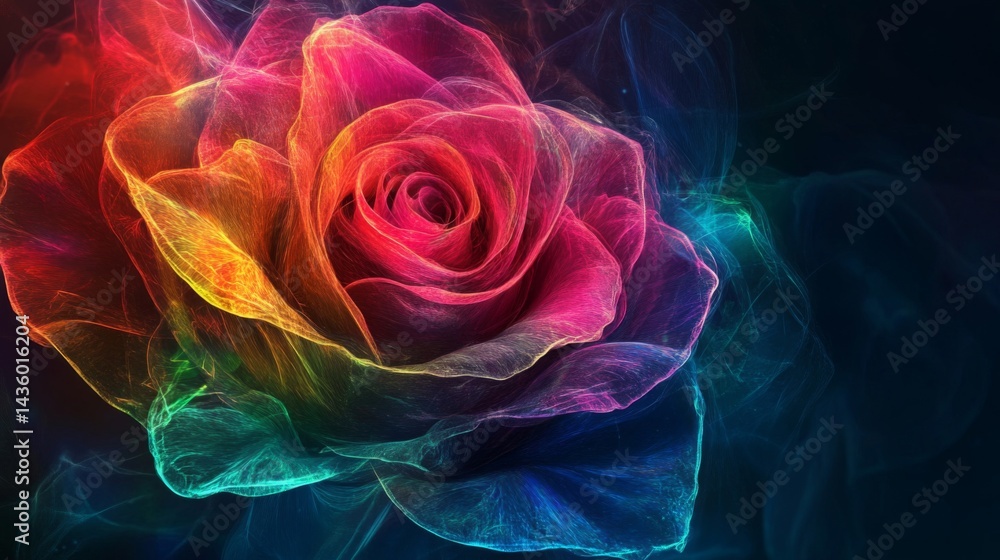 Rainbow Rose: Glowing Particles on Dark Background Rainbow Rose: Glowing Particles on Dark Background