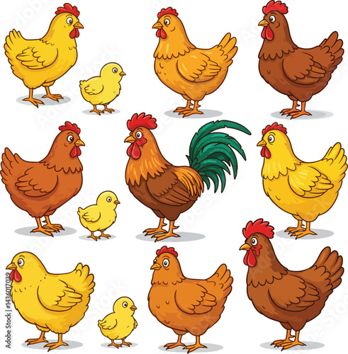 A vibrant and cheerful vector set of cartoon farm chickens, including hens, chicks, and a proud rooster with a colorful green tail.