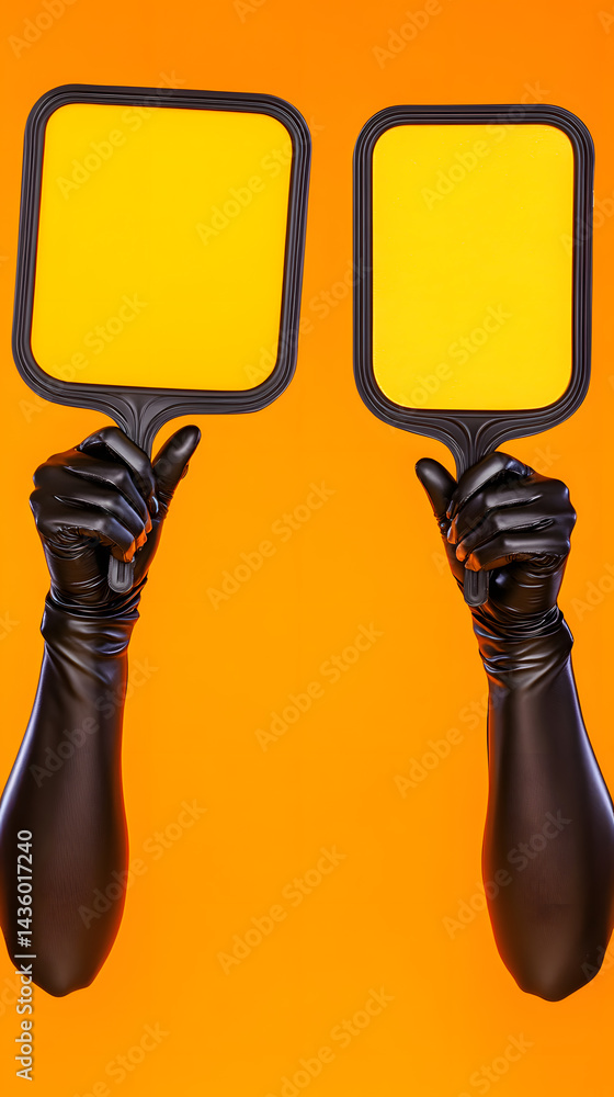 Black Gloved Hands Holding Blank Yellow Signs Orange Background Minimalist Mockup
