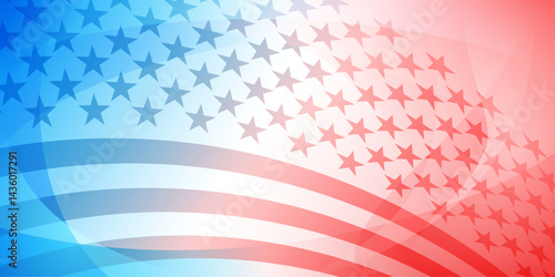 Vector illustration in red and blue of the American flag with dynamic waving stripes and stars, designed in a patriotic style, suitable for celebrations and national holidays.
