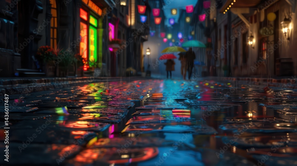 Obraz premium Urban night street neon lights reflections