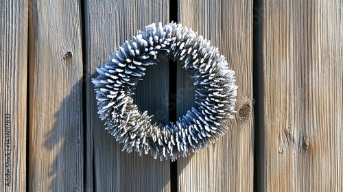 Frosty wreath hangs on wooden fence, sunny day, winter decor