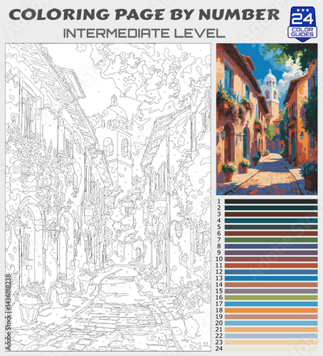Charming Mediterranean Street Coloring Page by Number | Printable Intermediate Travel Scene