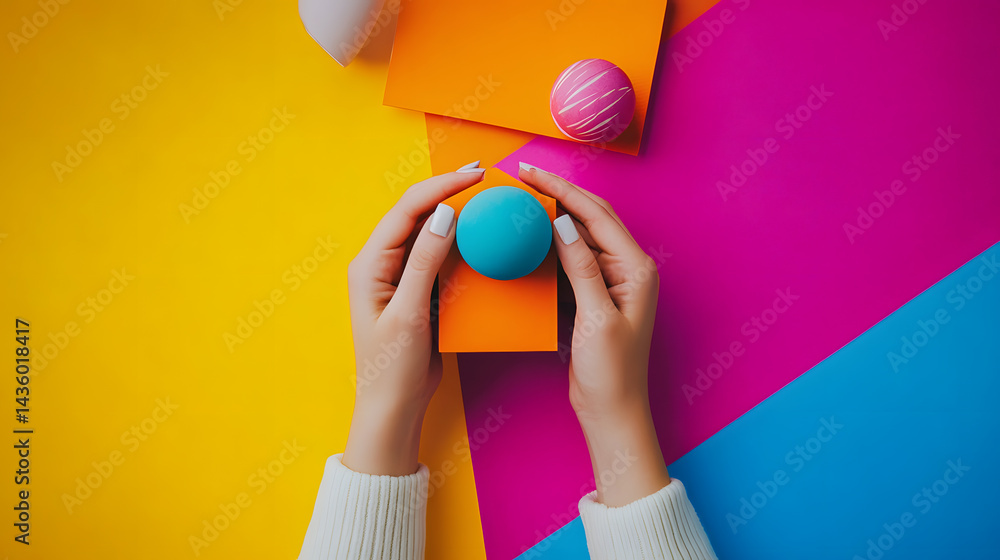 Woman's Hands Holding Teal Sphere Colorful Abstract Background Design