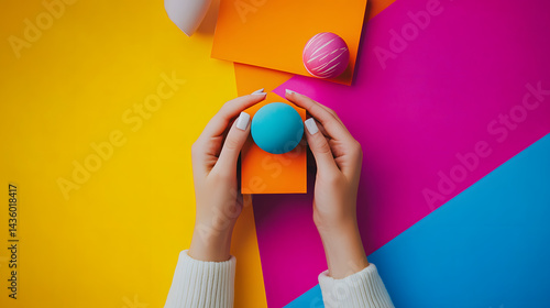 Obraz na płótnie Woman's Hands Holding Teal Sphere Colorful Abstract Background Design w salonie