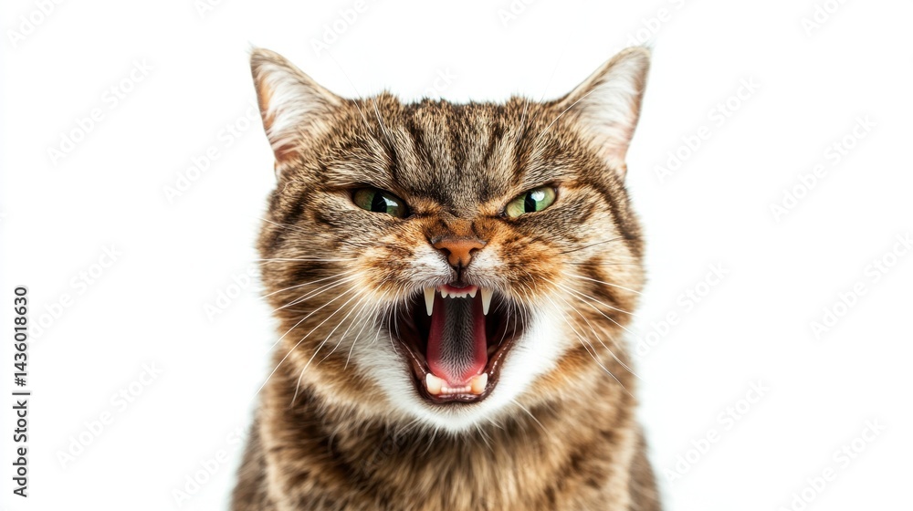 Fierce tabby cat with green eyes hissing on a white background. Fierce tabby cat with green eyes hissing on a white background.
