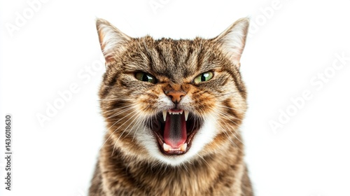 Fierce tabby cat with green eyes hissing on a white background.