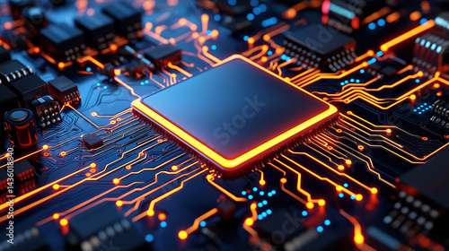 Close-up of a microprocessor on a lit circuit board
