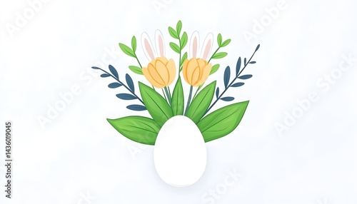 Easter egg adorned with yellow tulips, bunny ears, and green foliage on a light background