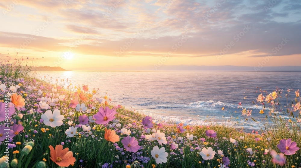 Fototapeta premium Vibrant wildflowers overlook a serene ocean at sunrise, creating a tranquil, picturesque scene.