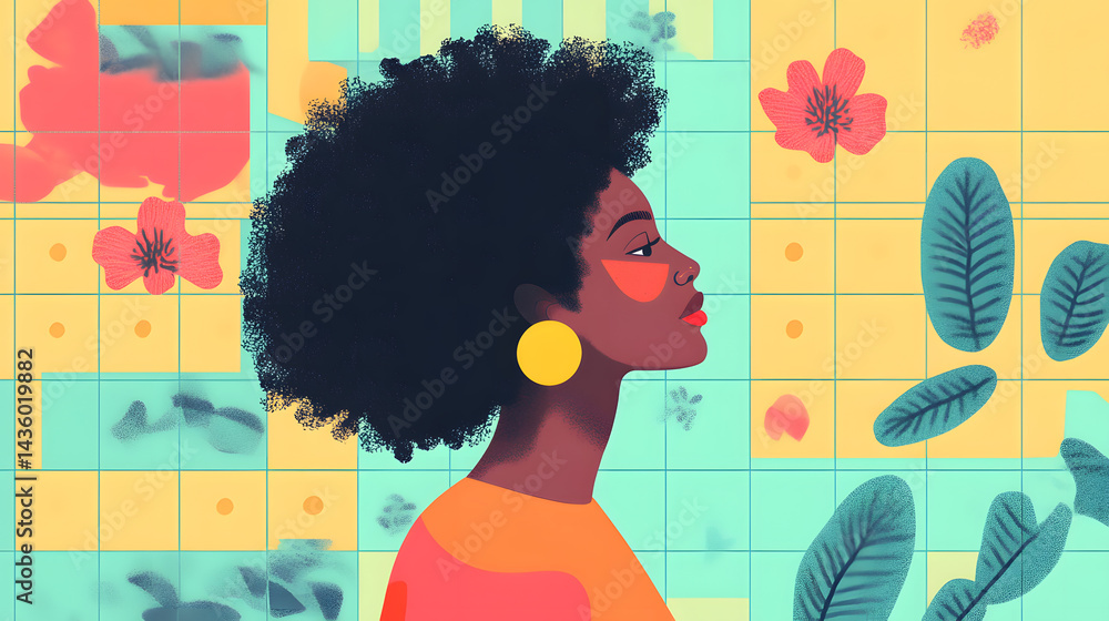 Stylish Woman Profile Tropical Floral Tile Background Art Illustration