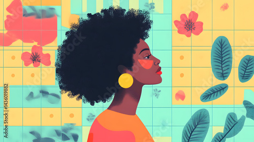 Obraz na płótnie Stylish Woman Profile Tropical Floral Tile Background Art Illustration w salonie