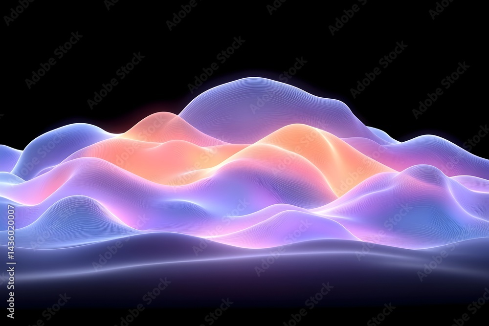 Obraz premium Glowing, undulating hills of pastel blues and oranges against a black background