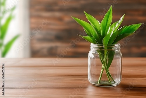 Lush green leaves in a clear glass jar sit on a wooden table against a blurred wooden background