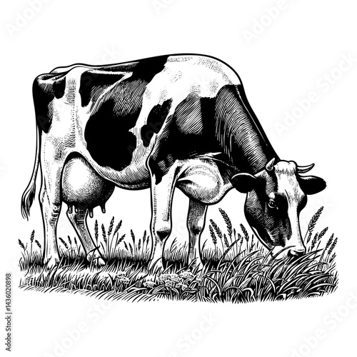 Dairy cow sketch engraving black and white outline. Scratch board imitation.  illustrated in vintage line art style on a white background.