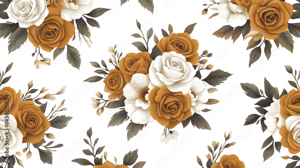 Seamless Mustard Yellow and White Rose Floral Pattern Watercolor Botanical Design