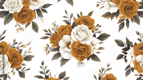 Obraz na płótnie Seamless Mustard Yellow and White Rose Floral Pattern Watercolor Botanical Design w salonie