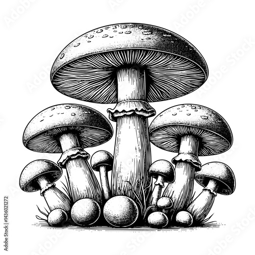 mushroom engraving black and white outline. Scratch board imitation.
