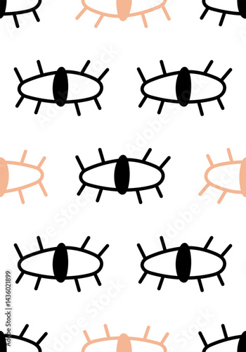 Seamless pattern with hand drawn eyes in black and peach colors. Modern and symbolic design reflecting inner balance, awareness and aesthetic contrast. Vector illustration on an isolated background.