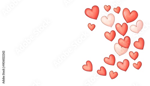 Scattered pink and red hearts on white background, leaving ample space