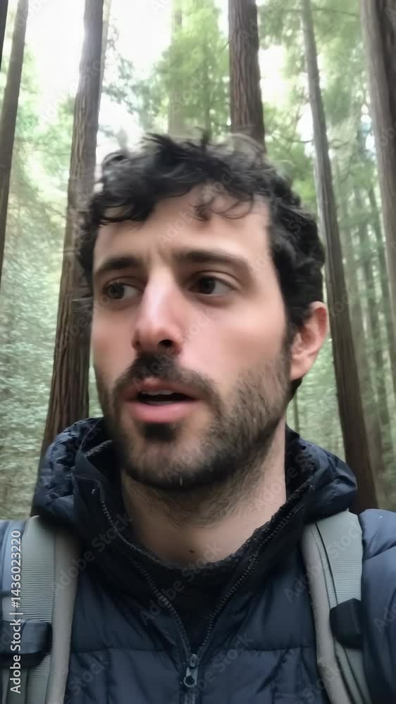 Man in a hooded jacket with a backpack hiking through a dense grove of tall evergreen trees in a forest on a cloudy day, looking off to the side. Man in a hooded jacket with a backpack hiking through a dense grove of tall evergreen trees in a forest on a cloudy day, looking off to the side.