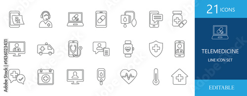 Editable telemedicine line icon set featuring healthcare, medical consultation, online doctor, pharmacy, smartwatch, ambulance, and virtual healthcare elements in a clean, minimal style