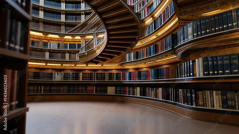 Video shows a close-up of books on a shelf with a blurred library background. The warm lighting illuminates the spiral staircase and bookshelves Video shows a close-up of books on a shelf with a blurred library background. The warm lighting illuminates the spiral staircase and bookshelves