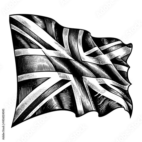 Union jack flag waving engraving sketch engraving black and white outline. Scratch board imitation.  illustrated in vintage line art style on a white background.