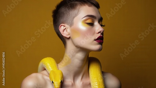 Obraz na płótnie Beauty woman short haircut python yellow snake on her neck. A yellow snake on the shoulders of a girl. Beauty yellow eye shadow makeup, dark burgundy lipstick. w salonie