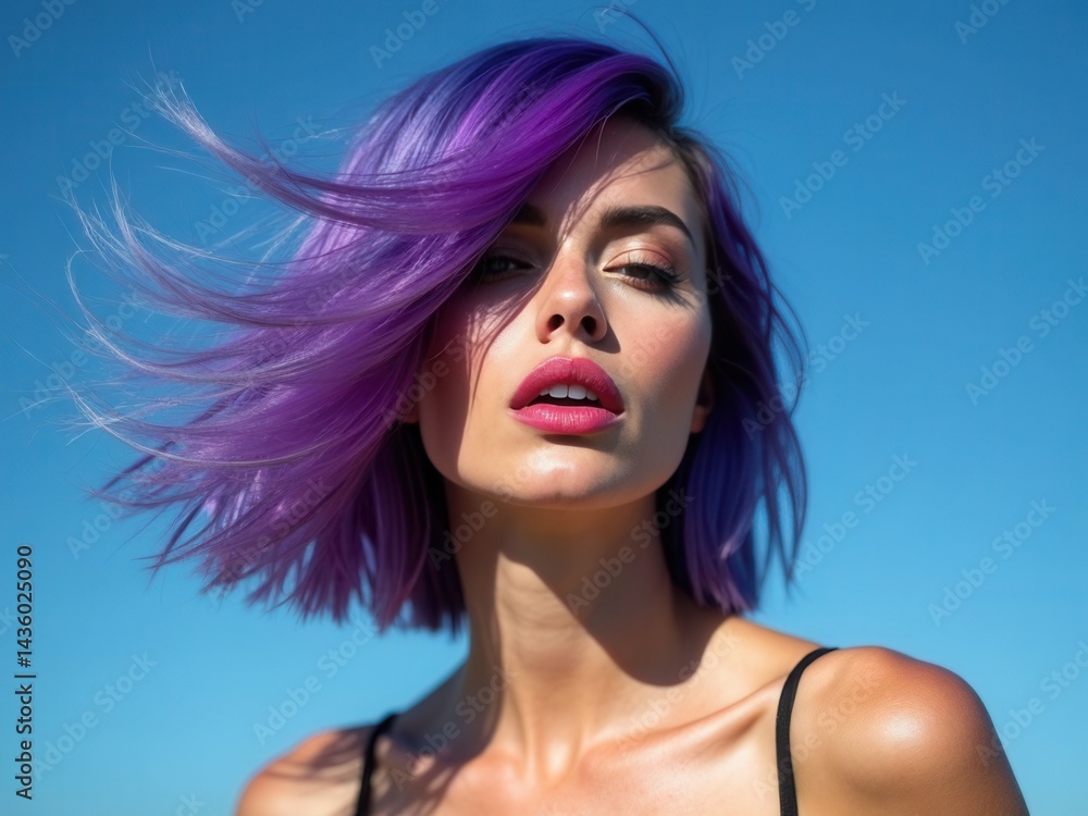 Portrait of a woman with bright colored flying hair, all shades of blue purple. Hair coloring, beautiful lips and makeup. Hair fluttering in the wind. Sexy girl with short hair. P.