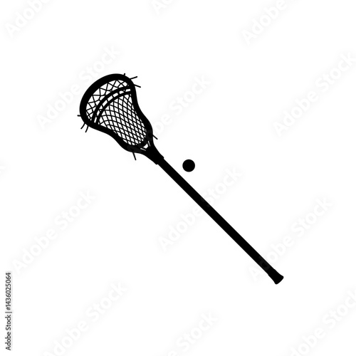 Lacrosse stick and ball icon silhouette in black on white background