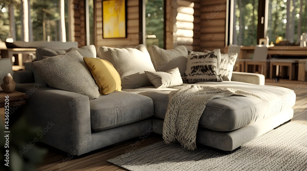 Fototapeta premium Cozy Scandinavian Living Room with Soft Gray Sofa and Natural Light