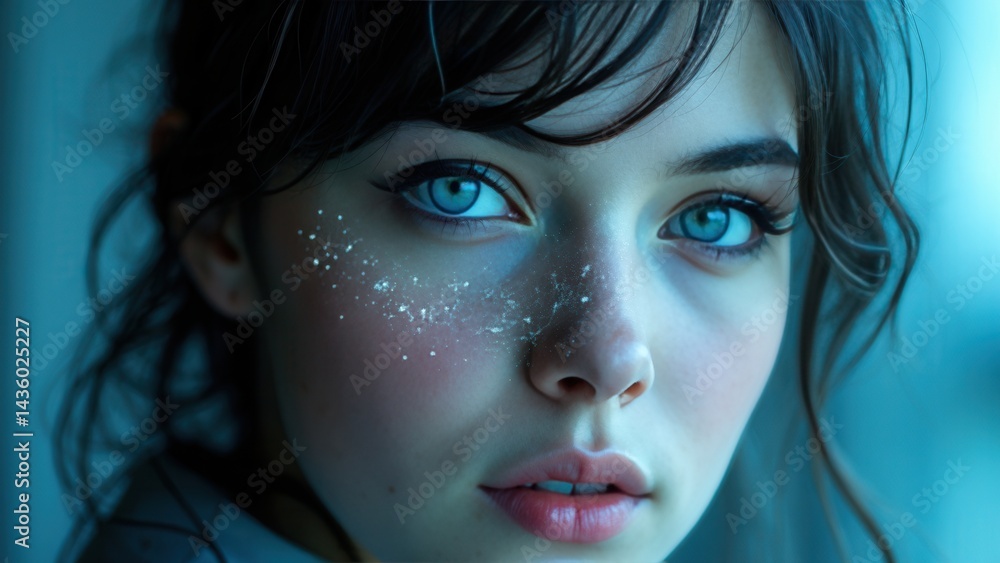 The focus is on a woman with striking blue eyes, her face adorned with a digital overlay that symbolizes the intersection of technology and beauty.