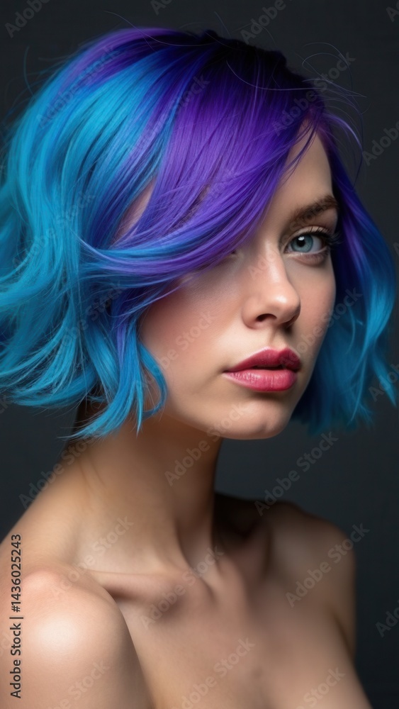 Portrait woman with bright colored flying hair, all shades purple blue. Hair coloring, beautiful lips and makeup. Hair fluttering in wind. Sexy girl with short hair. Professional.