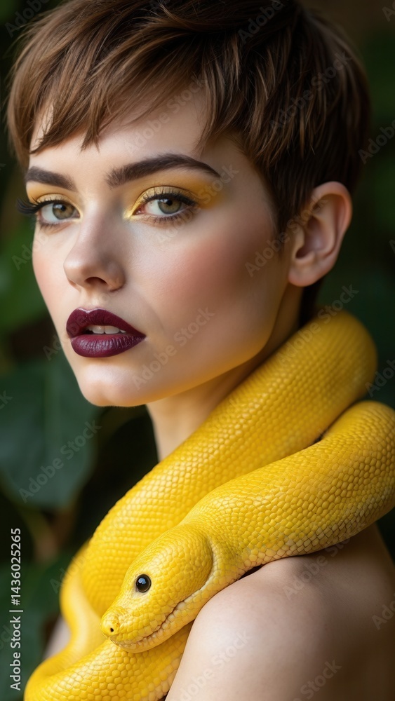 Beauty woman short haircut python yellow snake on her neck. A yellow snake on the shoulders of a girl. Beauty yellow eye shadow makeup, dark burgundy lipstick.