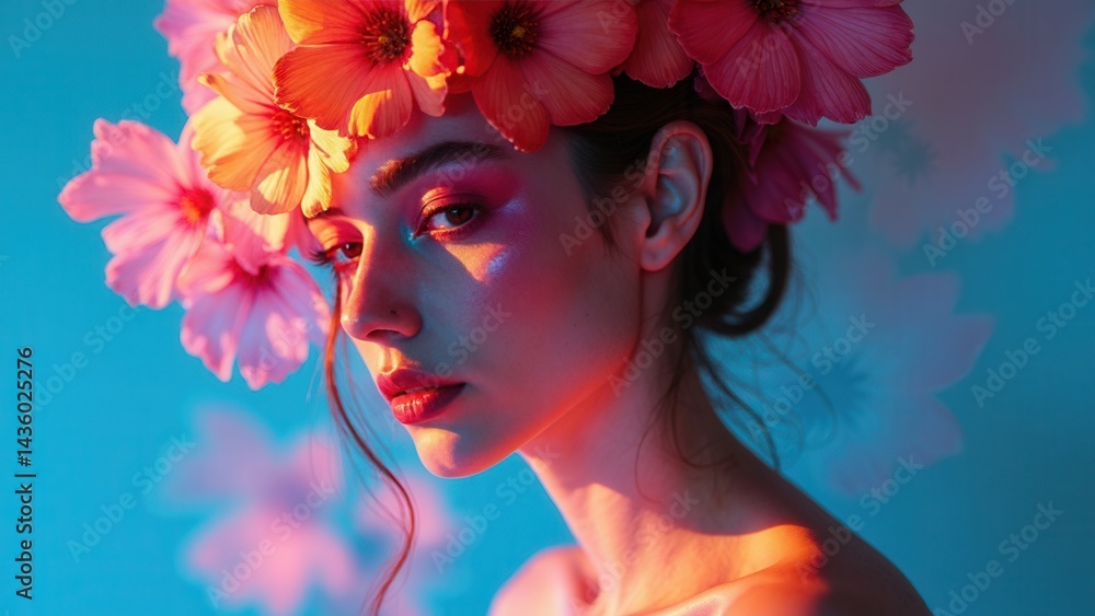 Beauty flowers face of a woman with double exposure. Portrait of a girl neon light and color, professional makeup, nude back of a woman, flowers in the head.