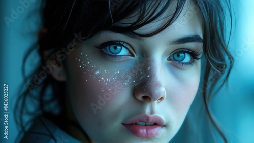 Obraz na płótnie The focus is on a woman with striking blue eyes, her face adorned with a digital overlay that symbolizes the intersection of technology and beauty. w salonie