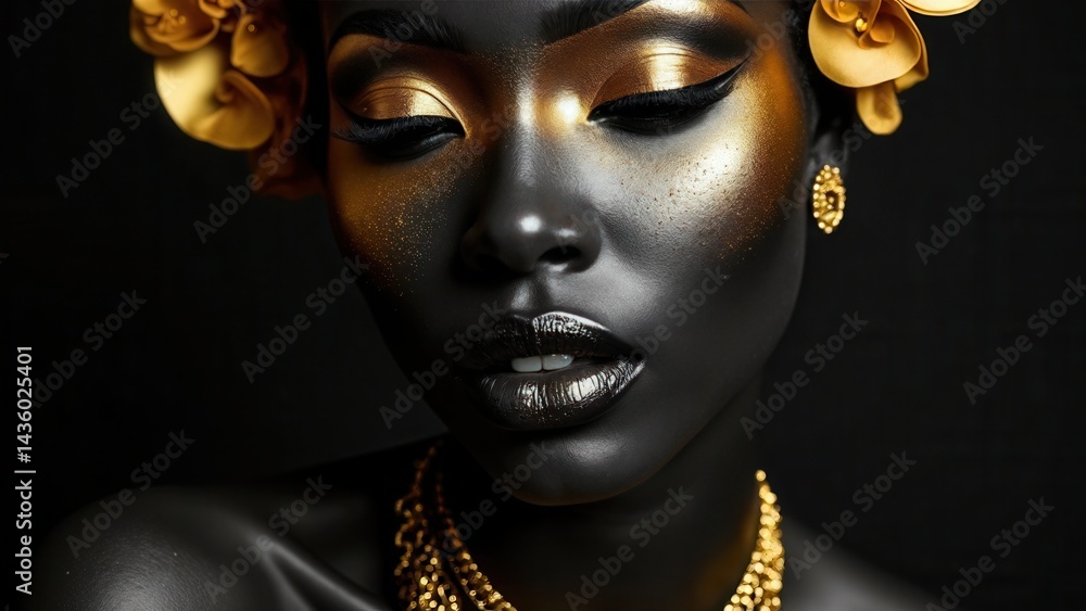 Beauty gold makeup lips eyelids woman black skin color body art, gold jewelry chain, fingertips nails in gold color paint. Professional gold makeup.
