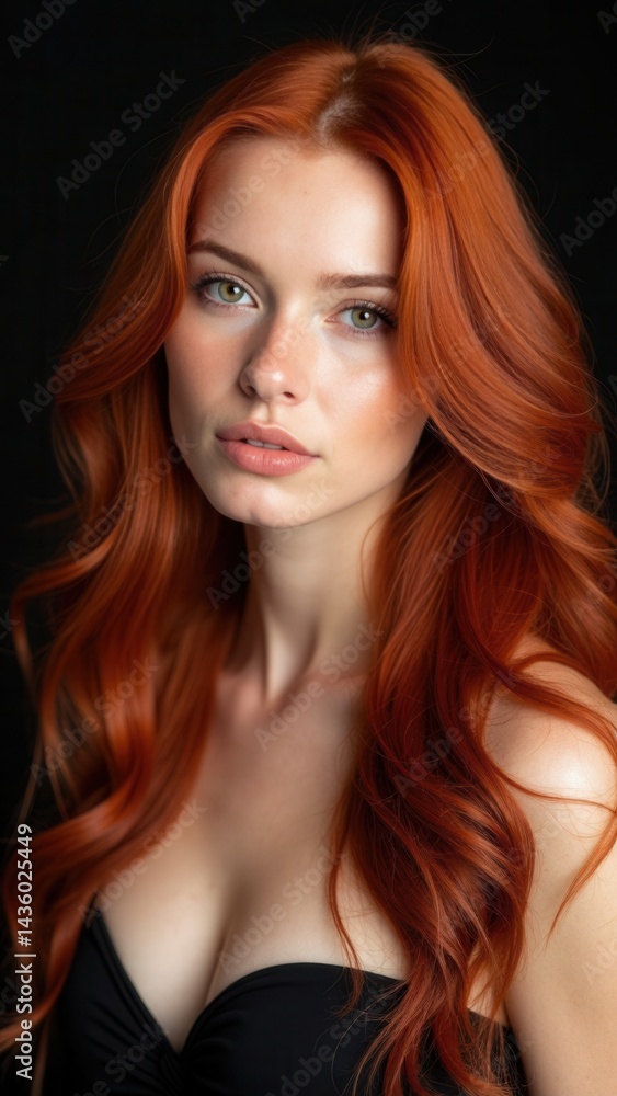 Sexy beautiful redhead girl with long hair. Perfect woman portrait on black background. Gorgeous hair and deep eyes. Natural beauty, clean skin, facial care and hair. Strong and th.