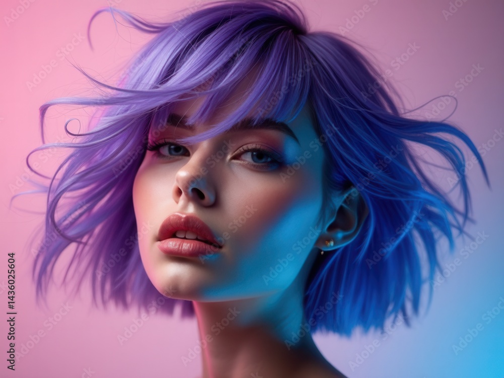 Portrait woman with bright colored flying hair, all shades of purple blue. Hair coloring, beautiful lips and makeup. Hair fluttering in the wind. Sexy girl with short hair. Profes.