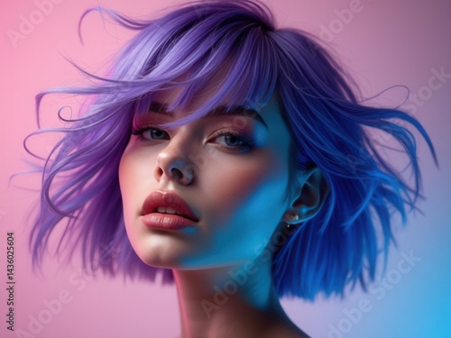 Obraz na płótnie Portrait woman with bright colored flying hair, all shades of purple blue. Hair coloring, beautiful lips and makeup. Hair fluttering in the wind. Sexy girl with short hair. Profes. w salonie