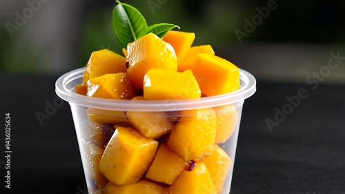 Close-up shot of a plastic cup filled with vibrant yellow mango chunks topped with green leaves on a dark surface showcasing fresh fruit and healthy food