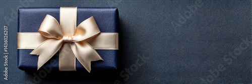 Elegant dark blue gift box with a cream-colored ribbon bow, placed on a solid dark blue background